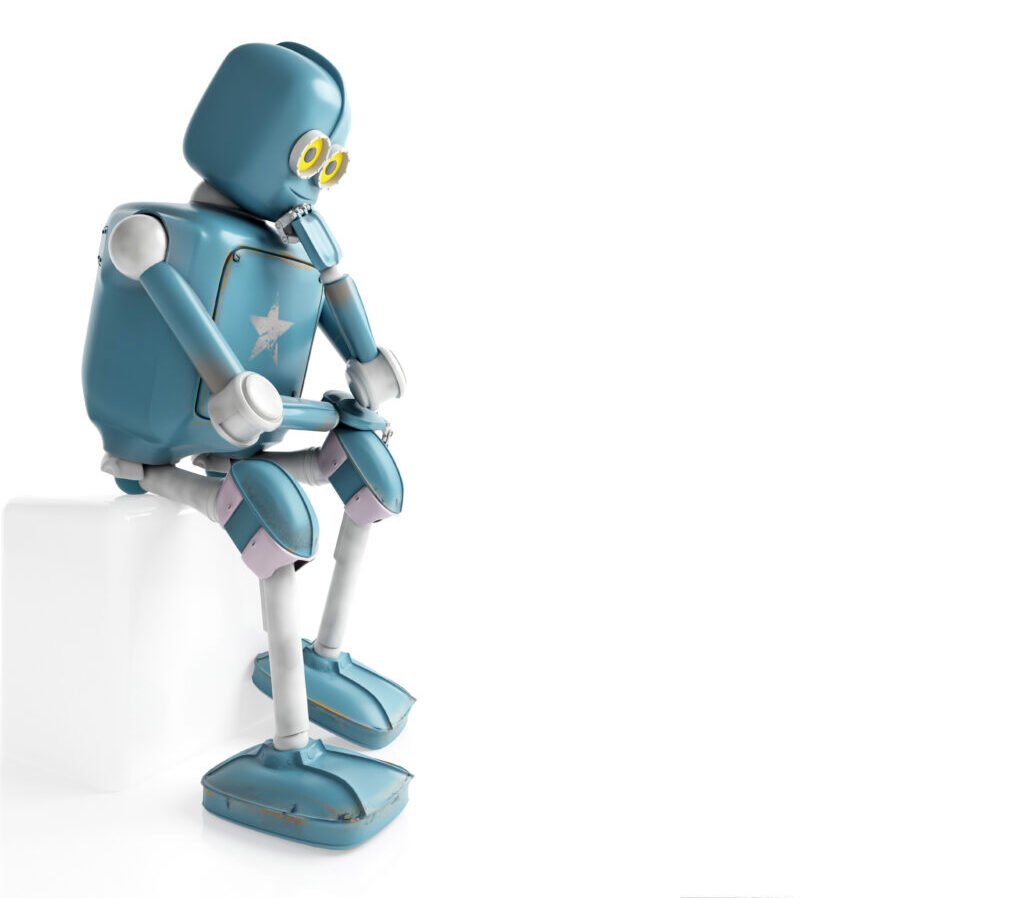 retro robot thinks sitting on the cube, artificial intelligence, ai. 3D rendering.